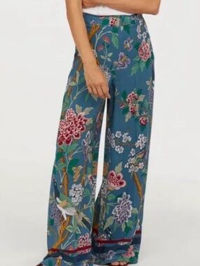 H&M Teal Floral Wide-Leg Palazzo Pants